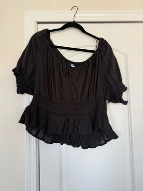 Old Navy Black Peasant Blouse with Smocked Waist and Ruffle Hem